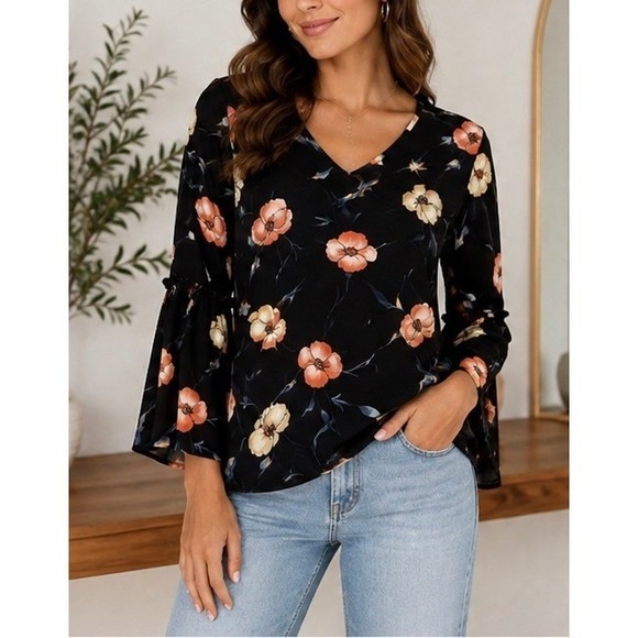 Tops - Womens Black Floral V-Neck Blouse Tiered Bell Sleeve Top